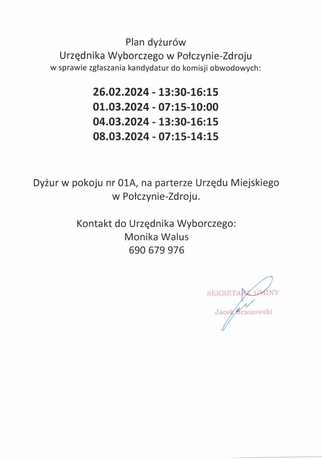 Plan dyżurów Urzędnika Wyborczego | Połczyn-Zdrój